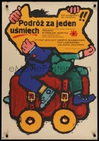 5p545 PODROZ ZA JEDEN USMIECH Polish 23x33 1972 Jakob Erol art of men on wacky rolling suitcase!