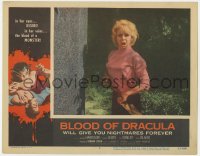 5r282 BLOOD OF DRACULA LC #4 1957 close up of scared pretty Shirley Delancy holding shovel!