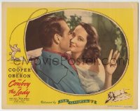 5r378 COWBOY & THE LADY LC R1944 c/u of Gary Cooper kissing Merle Oberon holding up three fingers!