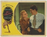 5r590 IT'S A PLEASURE LC 1945 c/u of pretty Sonja Henie & Michael O'Shea smiling at each other!