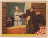 5r703 NOTHING BUT TROUBLE LC #5 1945 chef Oliver Hardy stops Stan Laurel from jumping out window!