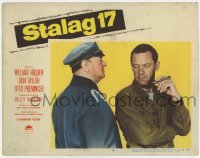 5r854 STALAG 17 LC #4 1953 close up of William Holden & Sig Ruman, Billy Wilder WWII classic!
