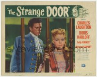 5r858 STRANGE DOOR LC #3 1951 c/u of Stapley standing behind Sally Forrest, Universal horror!