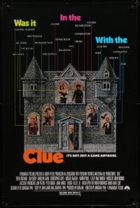 5s185 CLUE 1sh 1985 Madeline Kahn, Tim Curry, Christopher Lloyd, cool board game poster design!