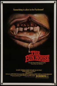 5s338 FUNHOUSE 1sh 1981 Tobe Hooper, creepy close up of drooling mouth with nasty teeth!