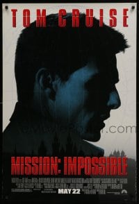 5s581 MISSION IMPOSSIBLE advance 1sh 1996 cool silhouette of Tom Cruise, Brian De Palma directed!
