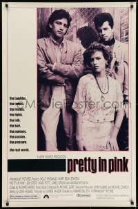 5s679 PRETTY IN PINK 1sh 1986 great portrait of Molly Ringwald, Andrew McCarthy & Jon Cryer!