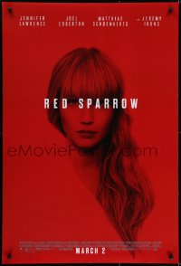5s706 RED SPARROW style B advance DS 1sh 2018 portrait of Jennifer Lawrence over red background!