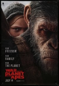 5s939 WAR FOR THE PLANET OF THE APES style B teaser DS 1sh 2017 close-up of Caesar and Amiah Miller!