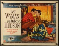 5t514 ALL THAT HEAVEN ALLOWS style A 1/2sh 1955 romantic art of Rock Hudson kissing Jane Wyman!