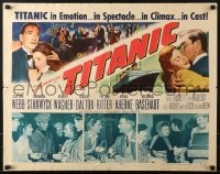 5t941 TITANIC 1/2sh 1953 great artwork of Clifton Webb & Barbara Stanwyck on legendary ship!