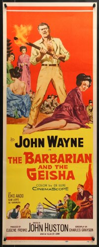 5t033 BARBARIAN & THE GEISHA insert 1958 John Huston, art of John Wayne with torch & Eiko Ando!