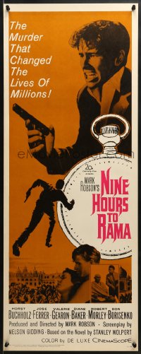 5t274 NINE HOURS TO RAMA insert 1963 Saul Bass-like art of man running over pocket watch!