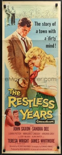 5t341 RESTLESS YEARS insert 1958 John Saxon & Sandra Dee are condemned by a town with a dirty mind!