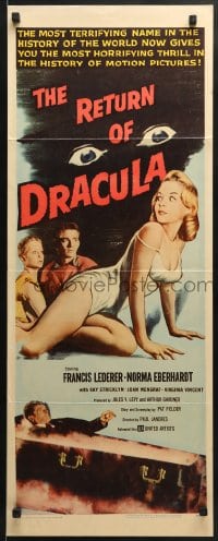 5t342 RETURN OF DRACULA insert 1958 Lederer, art of girl being watched by creepy vampire eyes!