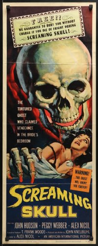 5t370 SCREAMING SKULL insert 1958 fantastic art of huge skull & sexy girl grabbed by skeleton hand!
