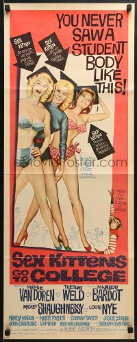 5t378 SEX KITTENS GO TO COLLEGE insert 1960 sexy art of Van Doren, Tuesday Weld & Bardot's sister!