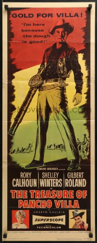5t455 TREASURE OF PANCHO VILLA insert 1955 art of cowboy Rory Calhoun with custom machine gun!