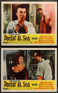 5w838 DOCTOR AT SEA 2 LCs 1956 one w/sailor Dirk Bogarde & sexy Brigitte Bardot naked in shower!