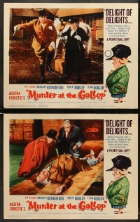 5w925 MURDER AT THE GALLOP 2 LCs 1963 Robert Morley, Margaret Rutherford, wacky Tom Jung border art!