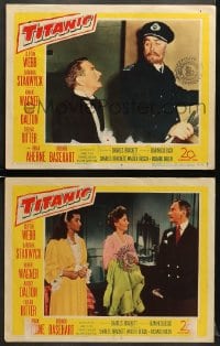 5w974 TITANIC 2 LCs 1953 Brian Aherne, Clifton Webb & Barbara Stanwyck on doomed ship, Audrey Dalton
