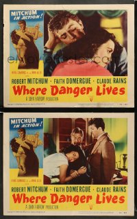 5w993 WHERE DANGER LIVES 2 LCs 1950 great images of Robert Mitchum & Faith Domergue!