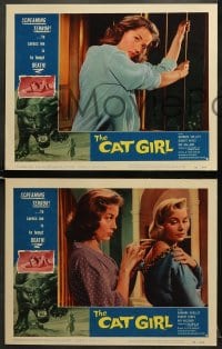 5w056 CAT GIRL 8 LCs 1957 human feline Barbara Shelley, cool border art of huge cat, English horror!