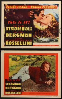 5w293 STROMBOLI 8 LCs 1950 Ingrid Bergman smiling at man in boat, Roberto Rossellini, complete set!