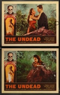 5w413 UNDEAD 7 LCs 1957 Roger Corman, border art of skeleton reaching for sexy Allison Hayes!