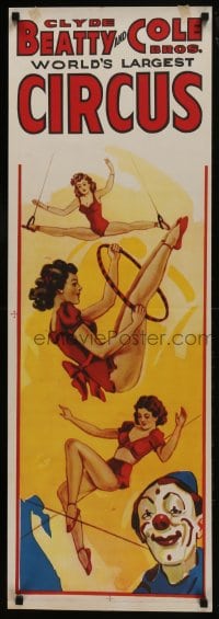 5z363 CLYDE BEATTY - COLE BROS CIRCUS 14x41 circus poster 1960s cool art of clown and three acrobats!