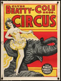 5z364 CLYDE BEATTY - COLE BROS CIRCUS 21x28 circus poster 1960s art of sexy woman on elephant!