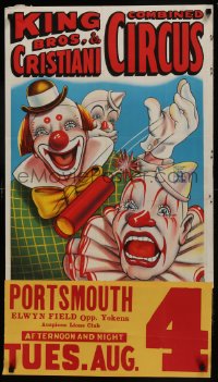 5z372 KING BROS & CRISTIANI COMBINED CIRCUS 21x28 circus poster 1950s art of clown pulling prank!