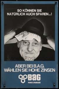 5z472 BAG PRIVATE SPARKASSE 12x18 Belgian advertising poster 1970s image of man with money in hat!