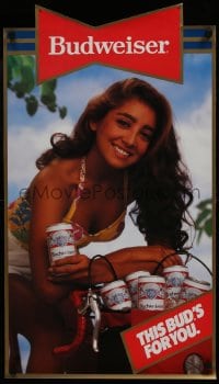 5z488 BUDWEISER 19x34 advertising poster 1986 image of sexy woman on bicycle, this bud's for you!