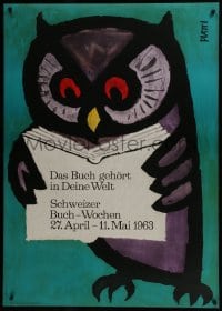 5z063 DAS BUCH GEHORT IN DEINE WELT 36x51 Swiss special poster 1956 Piatti art of owl reading book!