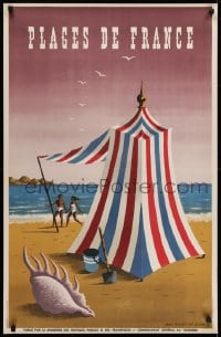5z263 PLAGES DE FRANCE 26x39 French travel poster 1947 Jean Picart le Doux art of tent on beach!