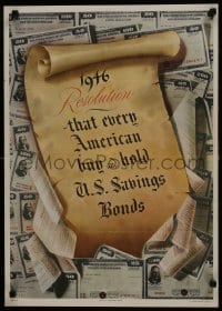 5z295 1946 RESOLUTION 19x26 WWII war poster 1945 art of a scroll of paper on a pile of bonds!