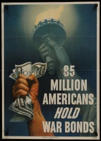 5z296 85 MILLION AMERICANS HOLD WAR BONDS 20x28 WWII war poster 1945 raised fist w/money & Liberty!