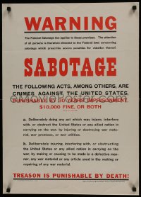 5z322 WARNING SABOTAGE 20x28 WWII war poster 1940s treason is punishable by death!
