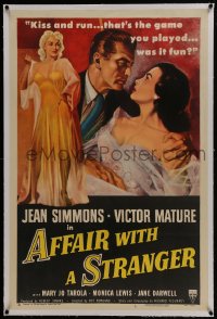 6a200 AFFAIR WITH A STRANGER linen 1sh 1953 art of Jean Simmons, Victor Mature & sexy bad girl!