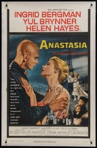 6a203 ANASTASIA linen 1sh 1956 great romantic close up art of Ingrid Bergman & Yul Brynner!