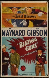 6a217 BLAZING GUNS linen 1sh 1943 cool western artwork of cowboys Hoot Gibson & Ken Maynard!