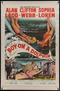 6a227 BOY ON A DOLPHIN linen 1sh 1957 art of Alan Ladd & sexiest Sophia Loren swimming underwater!