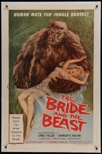 6a228 BRIDE & THE BEAST linen 1sh 1958 Ed Wood classic, great art of huge ape holding sexy girl!