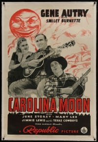 6a236 CAROLINA MOON linen 1sh 1940 Gene Autry with guitar, Smiley Burnette & June Storey!