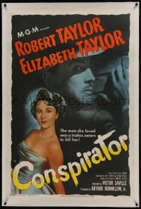 6a250 CONSPIRATOR linen 1sh 1949 art of English spy Robert Taylor & sexy young Elizabeth Taylor!