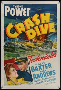 6a252 CRASH DIVE linen 1sh 1943 art of Tyrone Power & Anne Baxter + burning submarine!