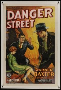 6a260 DANGER STREET linen 1sh 1928 great pulp art of Warner Baxter & wife who is shot for him, rare!