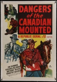 6a261 DANGERS OF THE CANADIAN MOUNTED linen 1sh 1948 Republic serial, cool artwork of Mounties!
