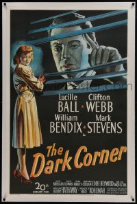 6a263 DARK CORNER linen 1sh 1946 noir art of Mark Stevens peeking at Lucille Ball through blinds!